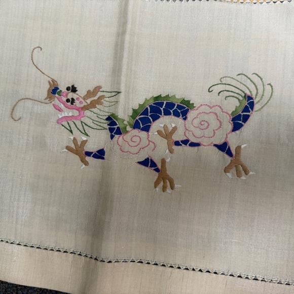 Embroidered Dragons Tan Square 47"X47" Tablecloth ( Believe it to be Silk) - Picture 4 of 9